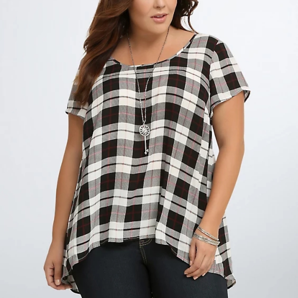 EUC PLAID GEORGETTE HI-LO BLOUSE